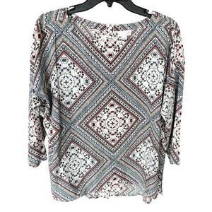 J.Jill handkerchief patchwork pattern back button whimsy boho blouse NWOT sz M